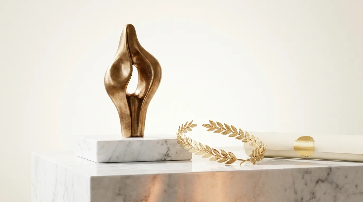 A bronze sculpture and golden laurel wreath represent recognition for higher education excellence.