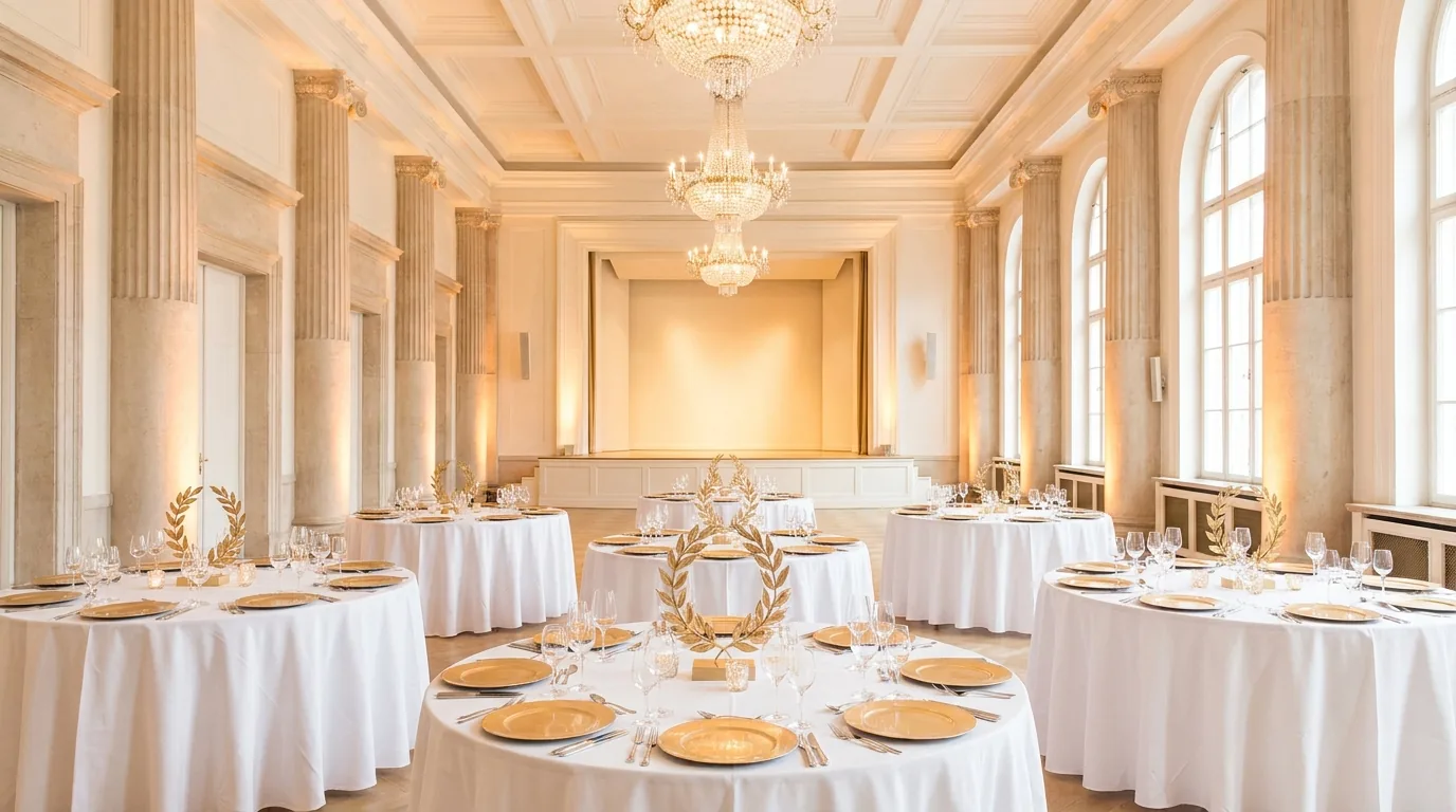 An elegant banquet hall is set up for a formal higher education awards gala dinner.