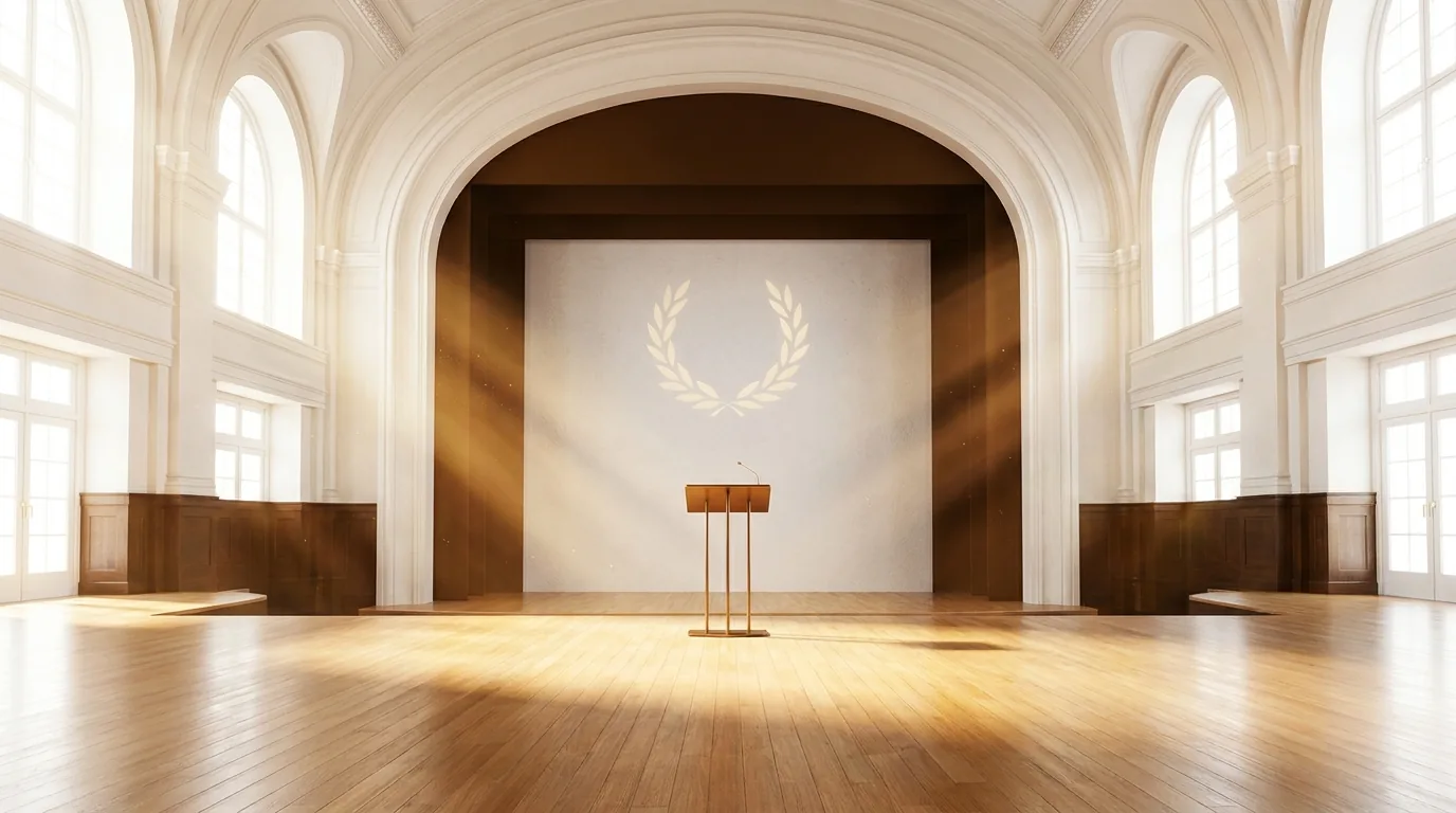 A bright ceremonial stage with warm bronze-gold light